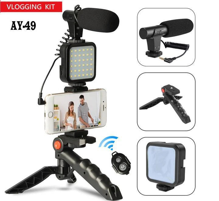 AY 49 All-in-One Video Creation Kit – Tripod, Microphone, LED Light, and Mobile Holder for Perfect Vlogs"